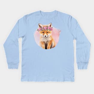 Baby Fox With Floral Crown Kids Long Sleeve T-Shirt